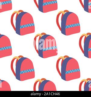 Flat seamless pattern pink backpack for fabric design, big scale. Graphic background. Cartoon flat vector abstract surface design. Stock Vector