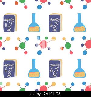 Seamless pattern with chemistry flask, molecule structure and book for wallpaper design. Science, education, medical, pharmacy vector background. Chem Stock Vector