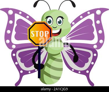 Butterfly with stop sign, illustration, vector on white background. Stock Vector