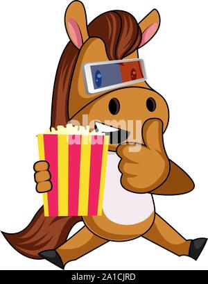 Horse with popcorn, illustration, vector on white background. Stock Vector