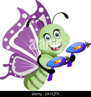 Butterfly with laser guns, illustration, vector on white background. Stock Vector