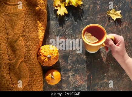 Autumn flat lay with yellow sweater, decorative pumpkins, oak leaves and hand holding cup of tea with lemon on dark background Stock Photo