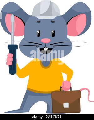 Mouse with tools, illustration, vector on white background. Stock Vector
