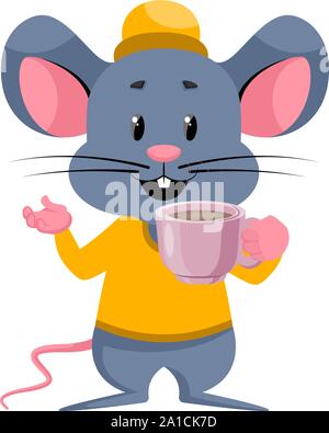 Mouse with coffee, illustration, vector on white background. Stock Vector