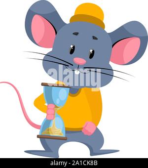 Mouse with sand clock, illustration, vector on white background. Stock Vector