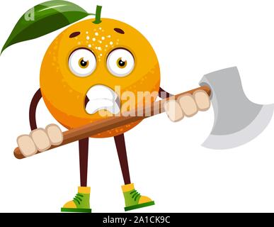 Orange with axe, illustration, vector on white background. Stock Vector
