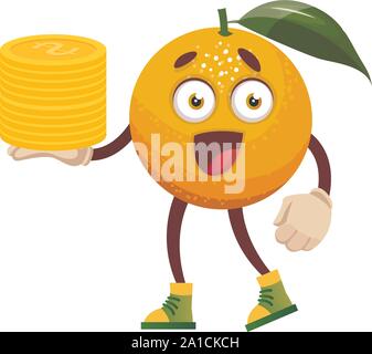 Orange with coins, illustration, vector on white background. Stock Vector