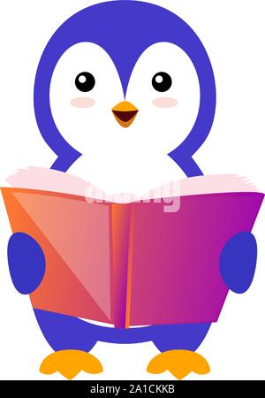 Penguin reading book, illustration, vector on white background. Stock Vector