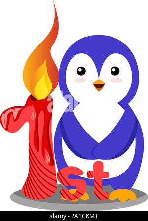 Penguin first birthday, illustration, vector on white background. Stock Vector