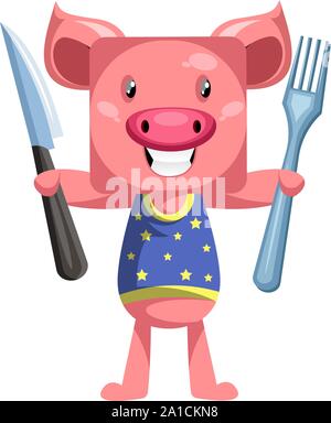 Pig with knife and fork, illustration, vector on white background. Stock Vector