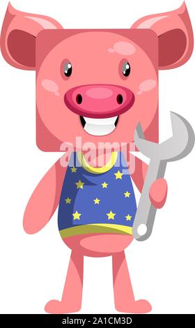 Pig with wrench, illustration, vector on white background. Stock Vector