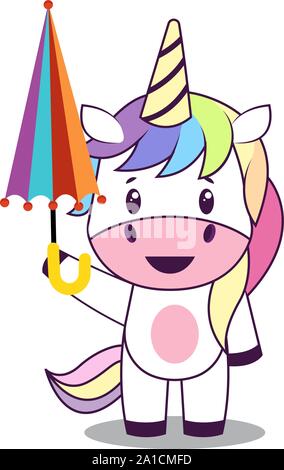Unicorn with umbrella, illustration, vector on white background. Stock Vector