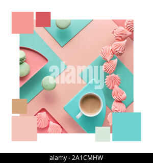 Color matching complementary palette from geometric image with coffee, marshmallows and macarons on split paper background in mint, peach and pink col Stock Photo