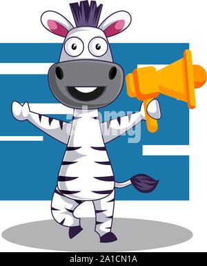 Zebra with megaphone, illustration, vector on white background. Stock Vector