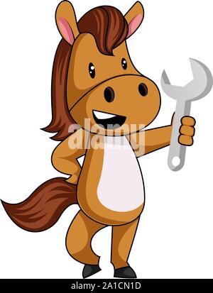 Horse with wrench, illustration, vector on white background. Stock Vector