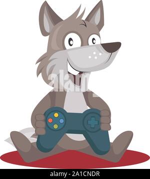 Wolf with gamepad, illustration, vector on white background. Stock Vector