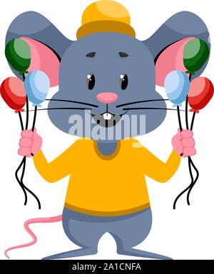 Mouse with balloons, illustration, vector on white background. Stock Vector