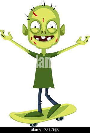 Zombie on skateboard, illustration, vector on white background. Stock Vector