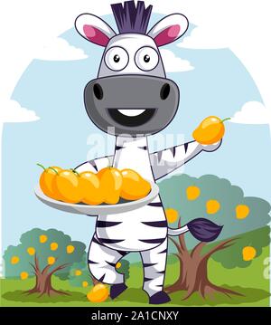 Zebra with mangos, illustration, vector on white background. Stock Vector