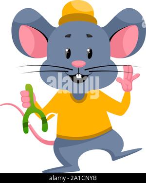 Mouse with sling shot, illustration, vector on white background. Stock Vector