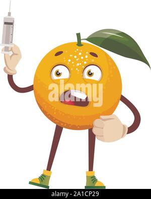 Orange with injection, illustration, vector on white background. Stock Vector