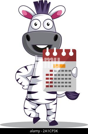 Zebra with calendar, illustration, vector on white background. Stock Vector