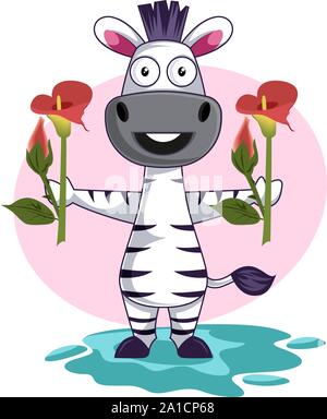 Zebra with flowers, illustration, vector on white background. Stock Vector