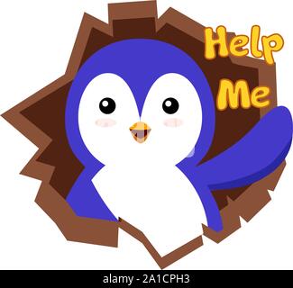 Penguin needs help, illustration, vector on white background. Stock Vector