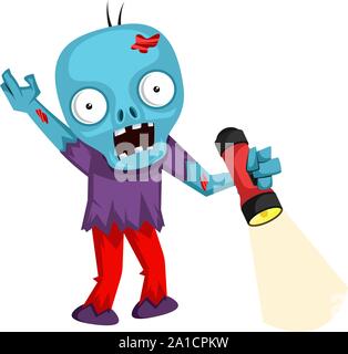 Zombie with flashlight, illustration, vector on white background. Stock Vector