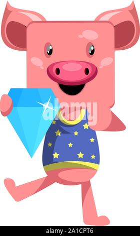 Pig with diamond, illustration, vector on white background. Stock Vector