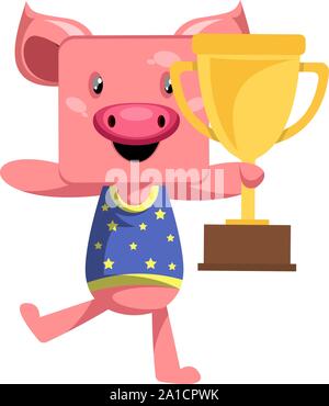 Pig with trophy, illustration, vector on white background. Stock Vector