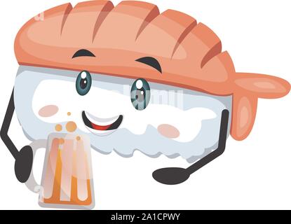 Sushi with beer, illustration, vector on white background. Stock Vector