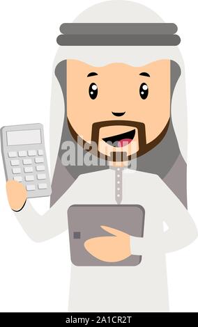 Arab men with calcualtor, illustration, vector on white background. Stock Vector