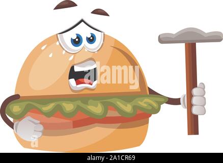 Burger with hammer, illustration, vector on white background. Stock Vector