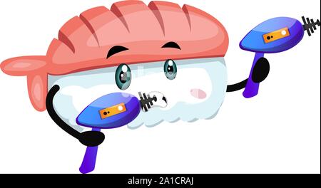 Sushi with laser gun, illustration, vector on white background. Stock Vector