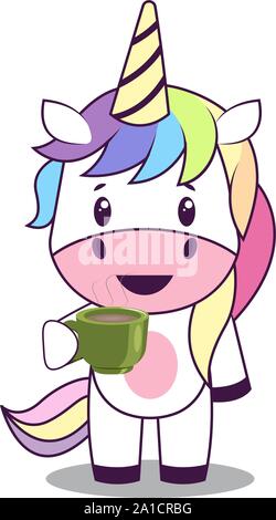 Unicorn with coffee, illustration, vector on white background. Stock Vector