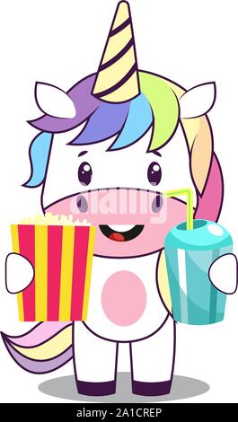 Unicorn with popcorn, illustration, vector on white background. Stock Vector