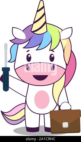 Unicorn with tools, illustration, vector on white background. Stock Vector