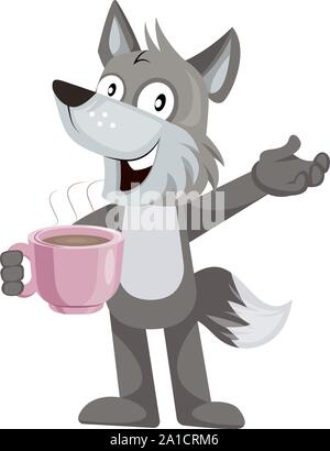 Wolf with coffee, illustration, vector on white background. Stock Vector
