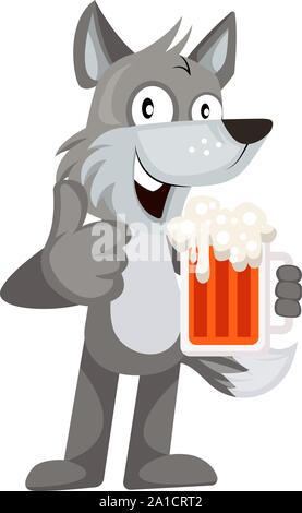 Wolf with beer, illustration, vector on white background. Stock Vector
