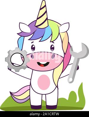 Unicorn with wrench, illustration, vector on white background. Stock Vector