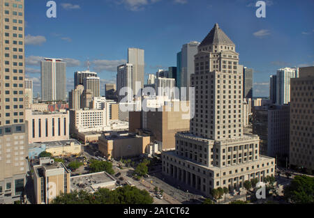 View of historic Miami-Dade County Courthouse tower from Government Center building  in downtown Miami, Florida, USA Stock Photo