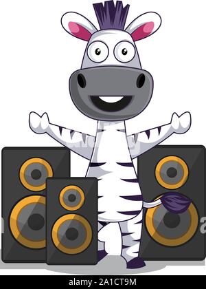 Zebra with speakers, illustration, vector on white background. Stock Vector