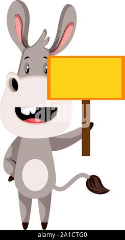 Donkey with blank sign, illustration, vector on white background. Stock Vector