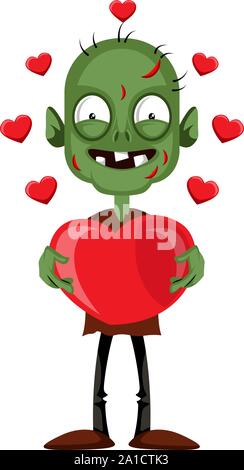 Zombie with hearts, illustration, vector on white background. Stock Vector