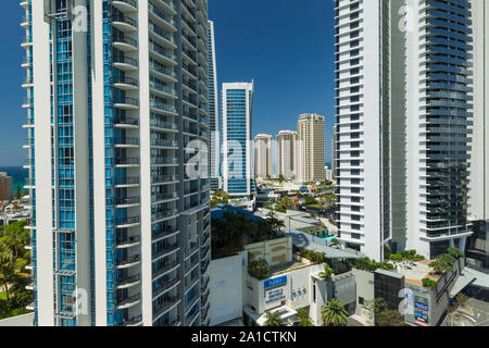 Elevated view of Surfers Paradise highrise buildings seen from the Gold Coast Highway near Cavill Mall, including the Chevron Renaissance Hotel. Stock Photo