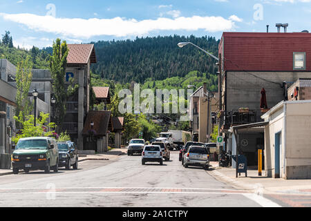 Park City, USA - July 25, 2019: Ski resort town in Utah during summer with downtown historic buildings street road and cars Stock Photo