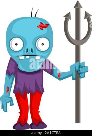 Zombie with spear, illustration, vector on white background. Stock Vector
