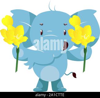 Elephant with yellow flowers, illustration, vector on white background. Stock Vector