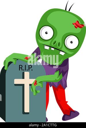 Zombie at grave, illustration, vector on white background. Stock Vector